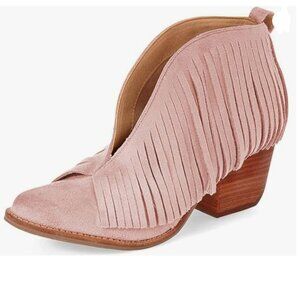 YDN Light Pink Western with Tassels Round Toe Block Heel Suede Ankle Boots